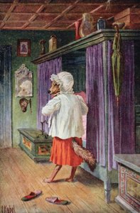 Postal representando o lobo disfarçado de avó de Chapeuzinho Vermelho (lito colorido)