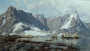 Paisagem nevada de Reine, Lofoten