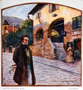 Franz Peter Schubert (1787-1828) em frente à casa do sapateiro, c.1910 (cor litho)
