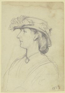 Retrato de uma senhora com chapéu, de perfil para a esquerda