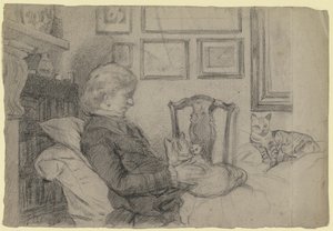 Luise Scholderer junto à la lareira com muitos gatos de Otto Scholderer