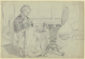 Luise Scholderer à mesa de costura, com um trabalho manual