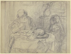 Homem à mesa de jantar com criança e gato de Otto Scholderer