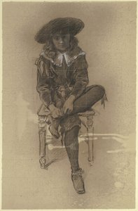 Rapaz sentado em traje histórico da «Preparação para o baile de máscaras» de Otto Scholderer