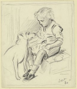 Rapaz sentado com cão sentado de Otto Scholderer