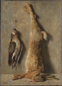 Natureza-morta com lebre morta e galinha-da-guiné diante de um muro cinzento de Otto Scholderer