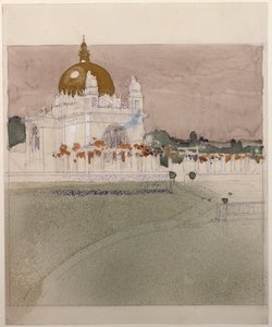 Igreja do Asilo Steinhof, o hospital central de Viena para doentes mentais ... (lápis de cor, caneta, tinta e aguada) de Otto Wagner