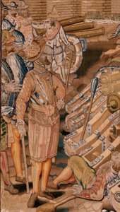 tapeçaria flamenga. Série Triunfos e batalhas do arquiduque Albert. Assalto à cidade de Calais (Asalto de la plaza de Calais). Segunda tapeçaria da série. Modelo Otto van Veen e Hans I Snellinck. Manufatura Martin Reynbouts, Bruxelas de Otto van Veen