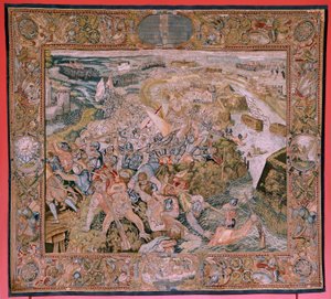 tapeçaria flamenga. Série Triunfos e batalhas do arquiduque Albert. Batalha nas trincheiras de Hulst (Combate en las trincheras de Hulst). Quinta tapeçaria da série. Modelo Otto van Veen e Hans I Snellinck. Manufatura Martin Reynbouts, Bruselas. 1597-159 de Otto van Veen