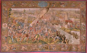 Tapeçaria flamenga. Série Triunfos e batalhas do Arquiduque Albert. Surpresa em Calais (La sorpresa de Calais). Primeira tapeçaria da série. Modelo Otto van Veen e Hans I Snellinck. Fabrico de Martin Reynbouts, Bruselas. 1597-1599. Tecido Ouro, prata, si