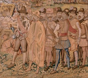 Tapeçaria flamenga. Série Triunfos e batalhas do Arquiduque Albert. A captura da cidade de Hulst (Toma de la Plaza de Hulst). Sétima tapeçaria da série. Modelo Otto van Veen e Hans I Snellinck. Fabrico Martin Reynbouts, Bruxelas de Otto van Veen