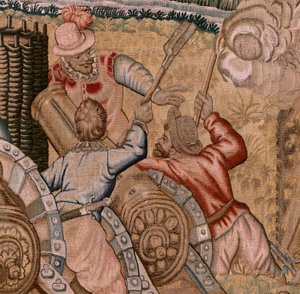 tapeçaria flamenga. Série Triunfos e batalhas do arquiduque Albert. A captura da cidade de Hulst (Toma de la Plaza de Hulst). Sétima tapeçaria da série. Modelo Otto van Veen e Hans I Snellinck. Manufatura Martin Reynbouts, Bruxelas
