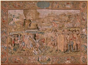 Tapeçaria flamenga. Série Triunfos e batalhas do Arquiduque Albert. A captura da cidade de Hulst (Toma de la Plaza de Hulst). Sétima tapeçaria da série. Modelo Otto van Veen e Hans I Snellinck. Fabrico Martin Reynbouts, Bruxelas de Otto van Veen