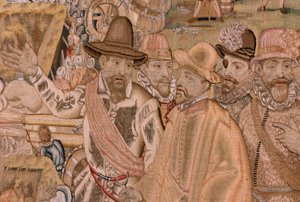 Tapeçaria flamenga. Série Triunfos e batalhas do Arquiduque Albert. A captura da cidade de Hulst (Toma de la Plaza de Hulst). Sétima tapeçaria da série. Modelo Otto van Veen e Hans I Snellinck. Fabrico Martin Reynbouts, Bruxelas de Otto van Veen