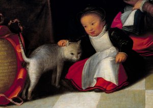 O artista e sua família Detalhe representando o gato e a criança. Pintura de Octavius Van Veen (1556-1629)