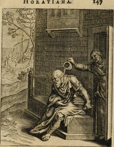 Xanthippe esvaziando um penico sobre Sócrates. De Emblemata Horatiana, 1607