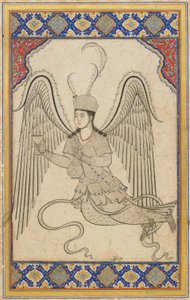 Anjo, voador, com copo e frasco de vinho (Tinta, lavagem a cores e ouro sobre papel) de Ottoman School