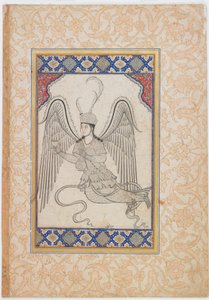 Anjo, voador, com copo e frasco de vinho (Tinta, lavagem a cores e ouro sobre papel) de Ottoman School
