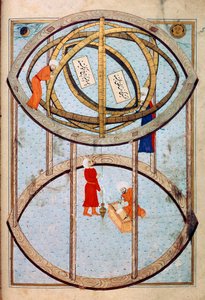 Astrônomos manipulando uma enorme esfera armilar e ferramentas para medir longitude e latitude Miniatura do manuscrito ms. FY 1404 "Sehinsahname" (ou Shahinshah-nama ou Shahinshah-nameh, Shahinshah nama ou Shahinshah nameh) "A história do rei de de Ottoman School