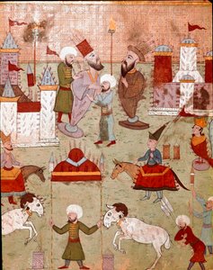 Festas organizadas por ocasião da circuncisão do filho do Sultão Otomano Murad II (Murat) (1404-1451), preparação de fogos de artifício Miniatura do século XVI Istambul, Biblioteca do Museu Topkapi Sarayi de Ottoman School