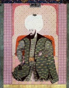 Império Otomano: "Retrato do Sultão Otomano Bajazed (Bayezid, Bajazet, Bayazid) II o Justo (1447-1512)" Miniatura do manuscrito (Ms. 1973, folio 62a) "Zubdat al Tawarikh" (Zubdat al Tawarikh) (Creme das Histórias) do historiador Seyid Loqid Ashuri 1 de Ottoman School
