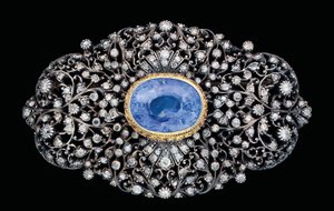 Broche Otomano de diamante e safira incrustado (safira e diamantes incrustados em ouro e prata) de Ottoman School