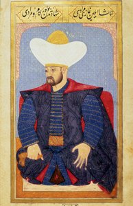 Retrato do Sultão do Império Otomano Murad I (1326-1389) Miniatura do manuscrito "Fisionomia humana (Sobre arranjos pessoais dos otomanos) de Seyyid Lokman Hussein. (Ms. ty6087 folio 27b) de Ottoman School