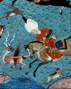 Representação dos cortesãos do Sultão Murad II (Murat) (1404-1451) caçando cervos e lebres Detalhe. Miniatura do século XVII. Istambul, Biblioteca do Museu Topkapi Sarayi de Ottoman School