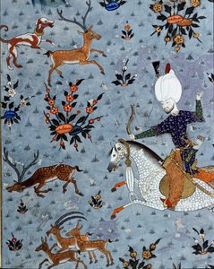 Representação dos cortesãos do Sultão Murad II (Murat) (1404-1451) caçando veados Detalhe. Miniatura do século XVII. Istambul, Biblioteca do Museu Topkapi Sarayi de Ottoman School