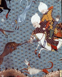 Representação dos cortesãos do Sultão Murad II (Murat) (1404-1451) caçando o Pormenor Fawn. Miniatura do século XVII. Istambul, Biblioteca do Museu Topkapi Sarayi de Ottoman School