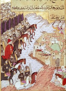Segunda Cruzada (1147-1149): as Cruzadas em frente à cidade de Aleppo, na Síria. A miniatura do século XVI. Topkapi Sarayi Istambul de Ottoman School