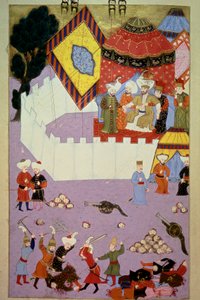 O assassinato do Sultão Murad I (1326-1389) pelo cavaleiro sérvio Milos Obilic (Kobilic ou Kobilovic) (morto em 1389) na Batalha do Kosovo após a vitória dos Otomanos sobre a Miniatura Sérvia do "Hunername" de Lokman, vol. 1 (H 1523, f.7) 1584 Para