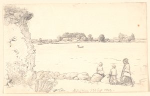 Uma senhora e duas crianças em Guldborgsund. Nykøbing Falster. de P.C. Skovgaard