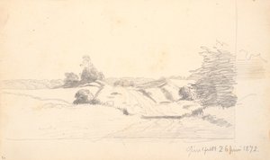 Uma estrada de campo com alguns arbustos em primeiro plano. Ao fundo uma borda de floresta de P.C. Skovgaard