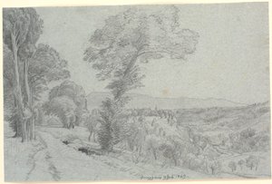 Paisagem montanhosa italiana com vista para "Genazzano 9 de julho de 1869". de P.C. Skovgaard