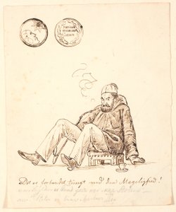 Caricatura de Johan Thomas Lundbye com fez, cachimbo comprido e xícara de café, sentado em um banquinho oriental. Acima medalha com a inscrição "Møddingen stinker verst i soelskin" e abaixo inscrição humorística. de P.C. Skovgaard