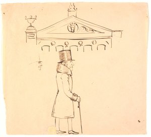Caricatura de um cavalheiro vestido de peles fora do Casino. de P.C. Skovgaard