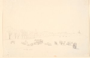 Vacas no campo, ao fundo Tagens Mølle de P.C. Skovgaard