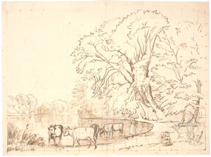 Vacas por um lago da floresta de P.C. Skovgaard