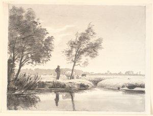 Paisagem com campos, árvores, vacas e um agricultor refletido na água em primeiro plano de P.C. Skovgaard