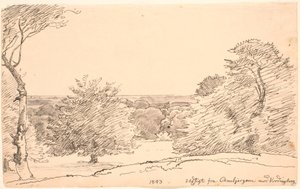 Paisagem com árvores e ampla vista do Ambjergene para Vordingborg. de P.C. Skovgaard