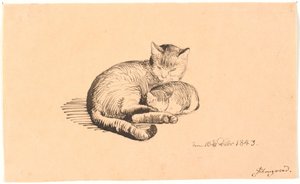 Gato deitado com seu gatinho. de P.C. Skovgaard
