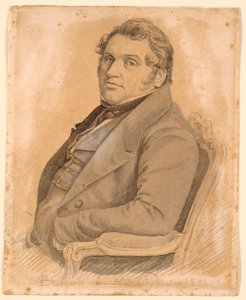Retrato de um homem sentado e corpulento em perfil de meio comprimento, três quartos à esquerda