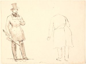 Cavalheiro de pé com guarda-chuva e t.h. reverenciando cavalheiro visto por trás de P.C. Skovgaard