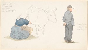 Revista de estudo com menina ordenhando uma vaca, t.h. agricultor em pé. de P.C. Skovgaard