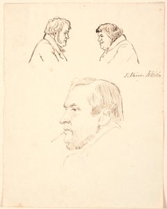 Duas cabeças masculinas ligeiramente caricaturadas de perfil e abaixo um retrato masculino de perfil à esquerda. de P.C. Skovgaard