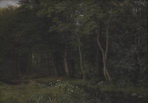 Crepúsculo em uma floresta perto de Iselingen Manor, Zelândia de P.C. Skovgaard