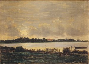 Vista através do Præstø Fiord em direção à mansão de Nysø de P.C. Skovgaard