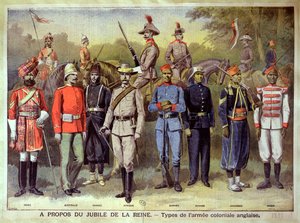 Exércitos coloniais ingleses em seus respectivos uniformes em comemoração ao Jubileu da Rainha Vitória, em 21 de junho de 1883, ilustração do &39;Le Petit Journal&39;, 1899