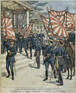 Sua Majestade Imperial Mutsuhito, Imperador do Japão, dando as bandeiras a suas tropas, ilustração de &39;Le Petit Journal: Suplemento Ilustre&39;, 6 de março de 1904